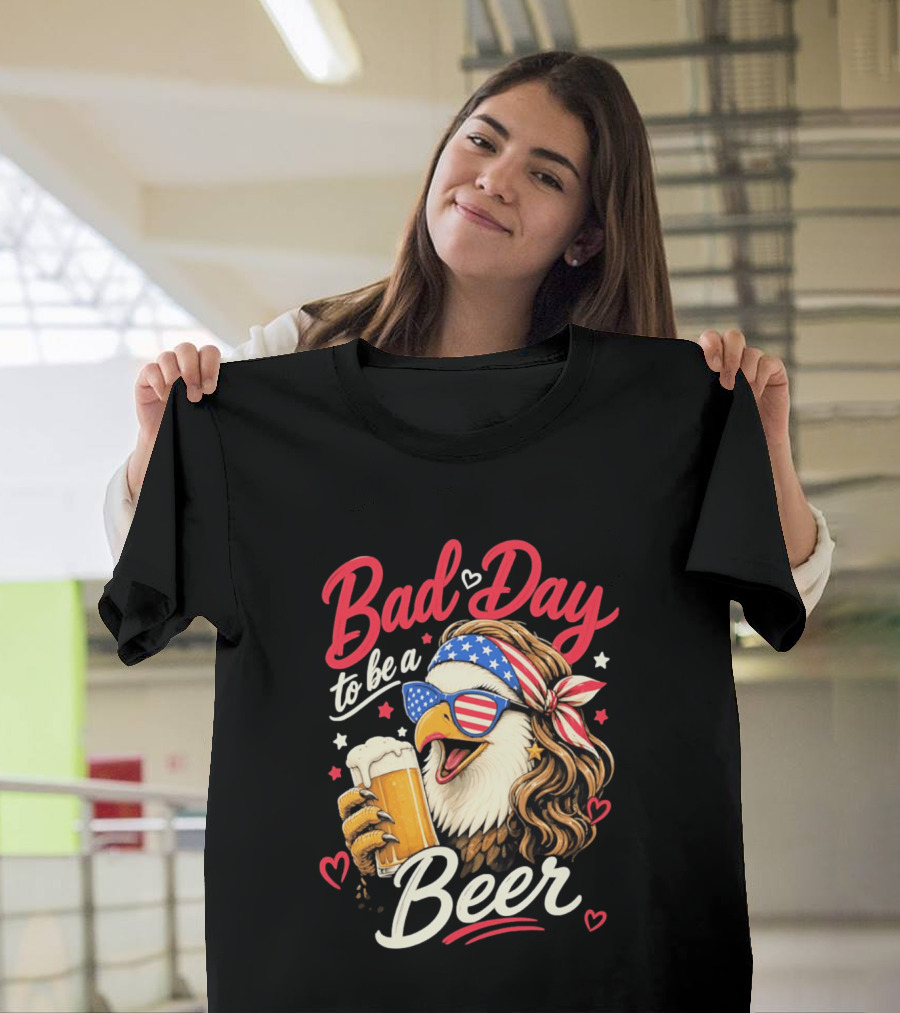 Bad Day To Be A Beer Patriotic Bald Eagle With American Flag Bandana And Heart Accents T-Shirt