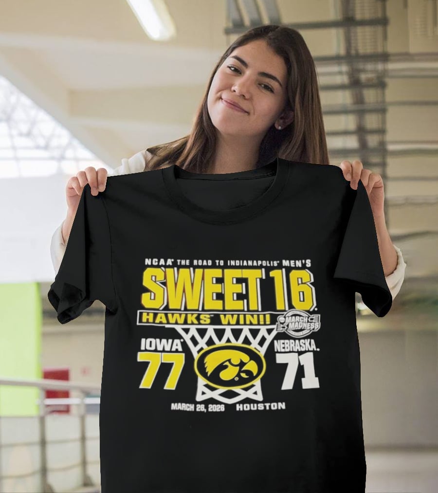 NCAA March Madness The Road To Indianapolis Men's Sweet 16 Hawks Win Iowa 77 Nebraska 71 March 25 1989 Houston T-Shirt
