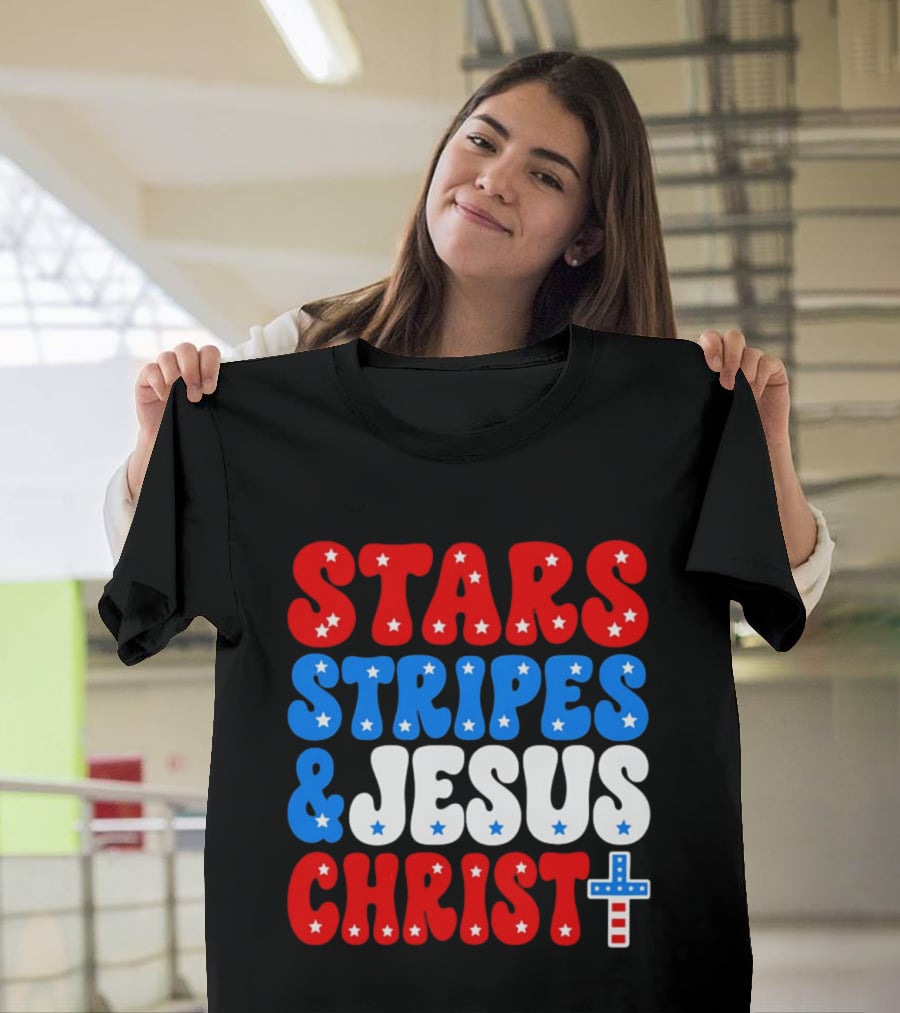 Patriotic Stars Stripes Jesus Christ Christian Faith Cross T-Shirt