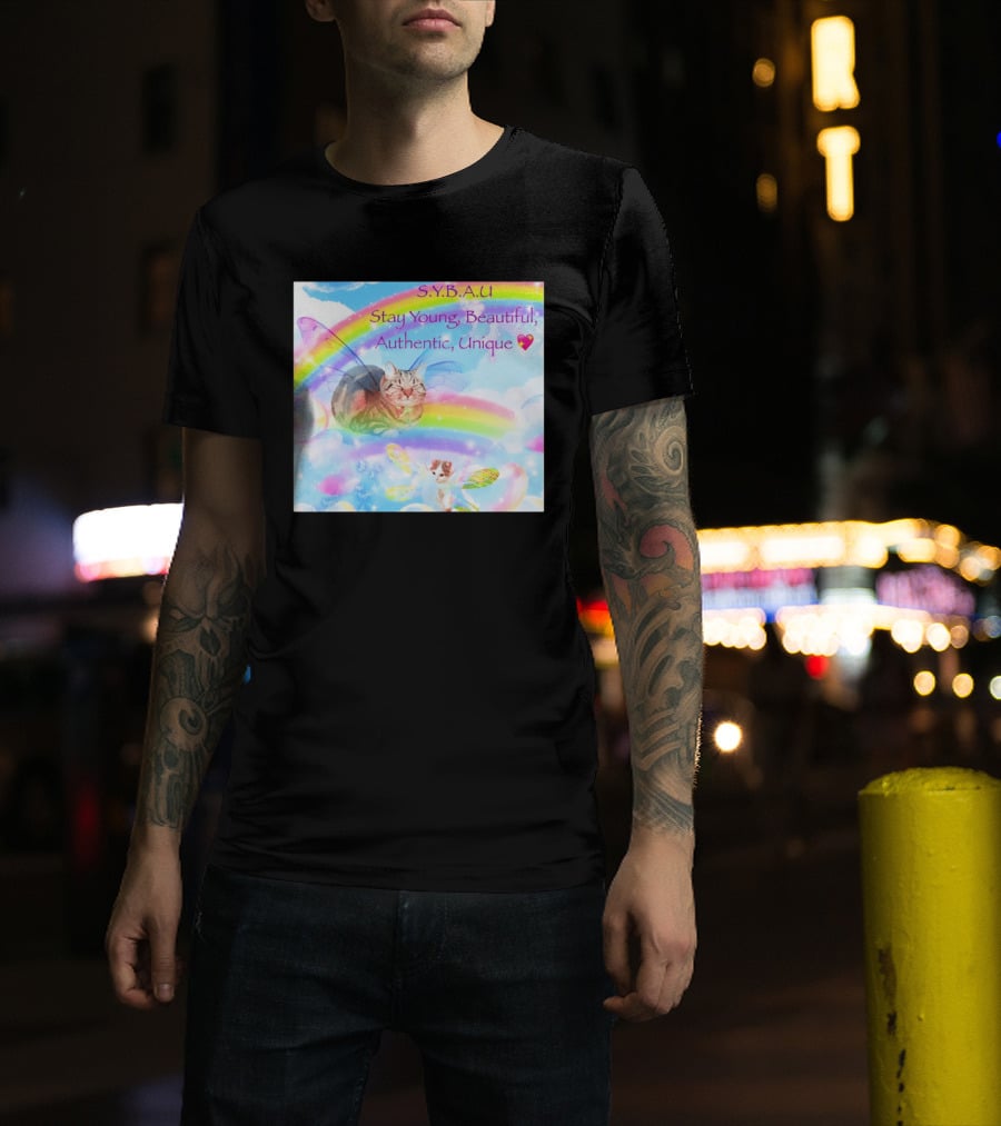 S.Y.B.A.U Stay Young Beautiful Authentic Unique Cat Rainbow Wings T-Shirt