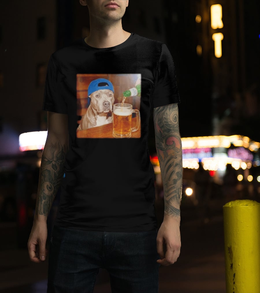 Pit Bull Drinking Beer Blue Cap Meme T-Shirt