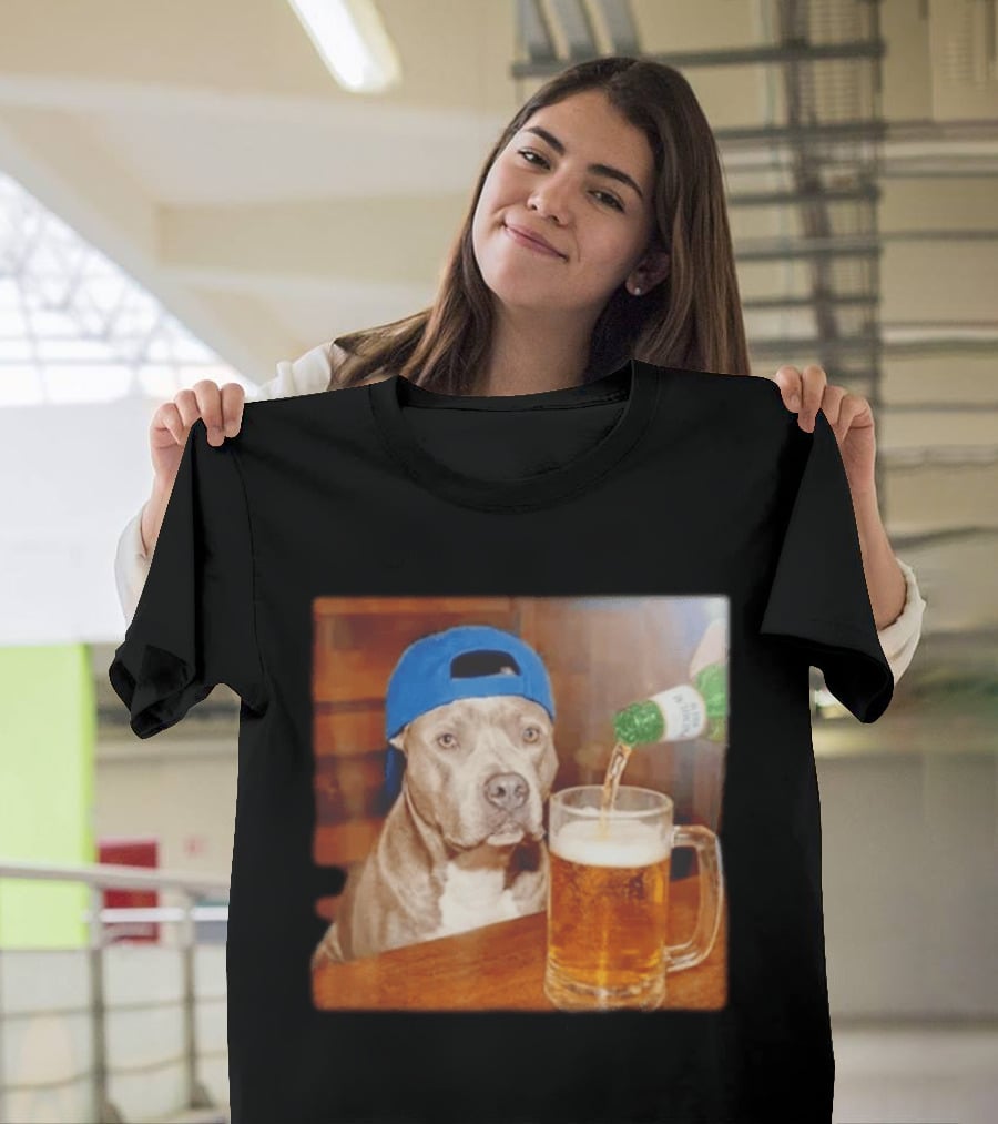 Pit Bull Drinking Beer Blue Cap Meme T-Shirt
