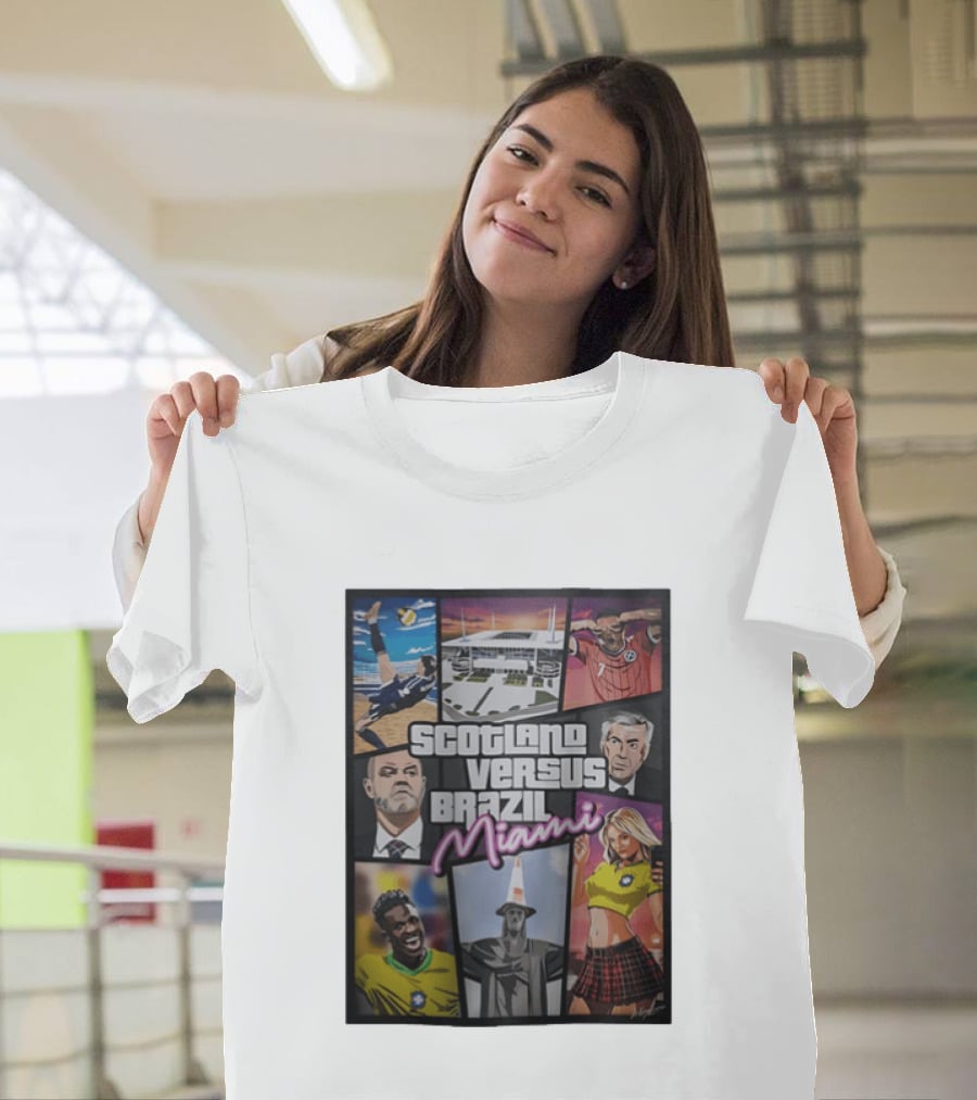 Scotland Versus Brazil Miami Comic Style Soccer Matchup T-Shirt