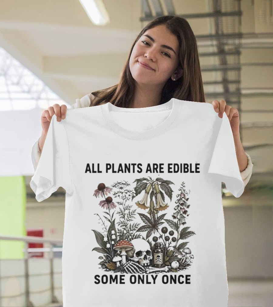 All Plants Are Edible Botanical Humor Mushroom And Bellflower Dark T-Shirt