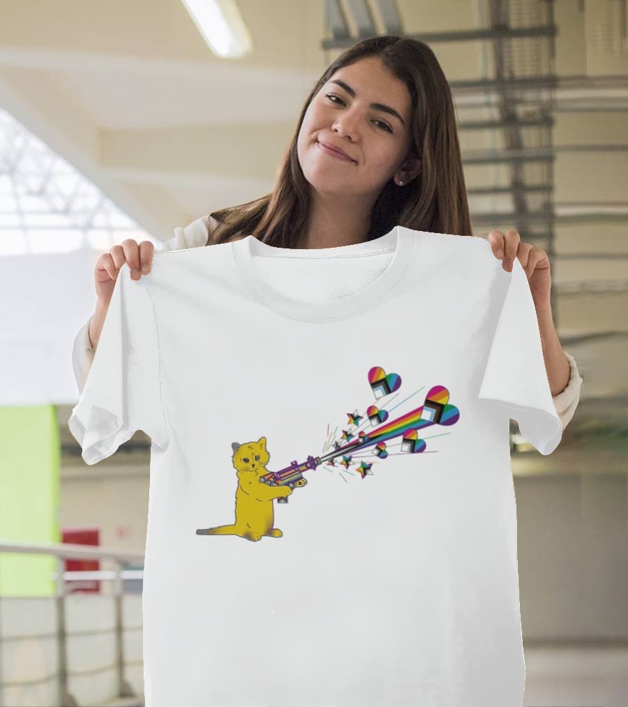 Gary The Cat Pew Pew Rainbow Laser Guns Pride T-Shirt