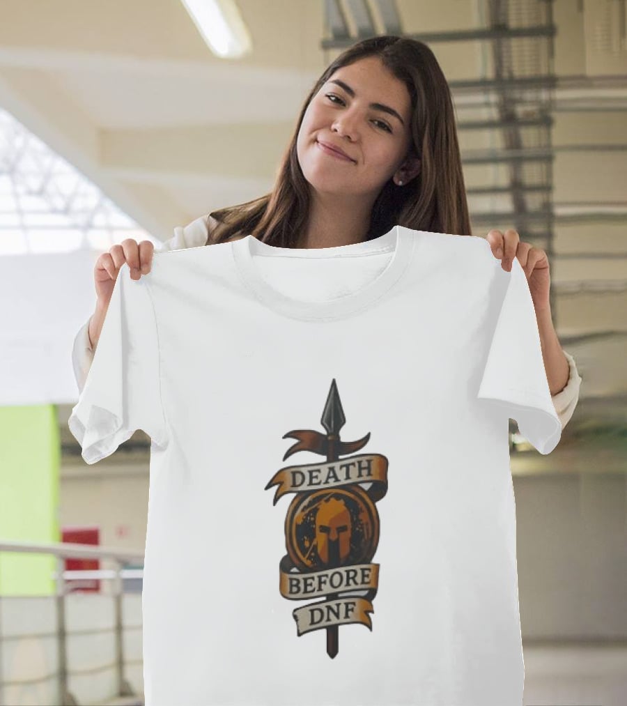Death Before DNF Spartan Helmet Spear Banner T-Shirt