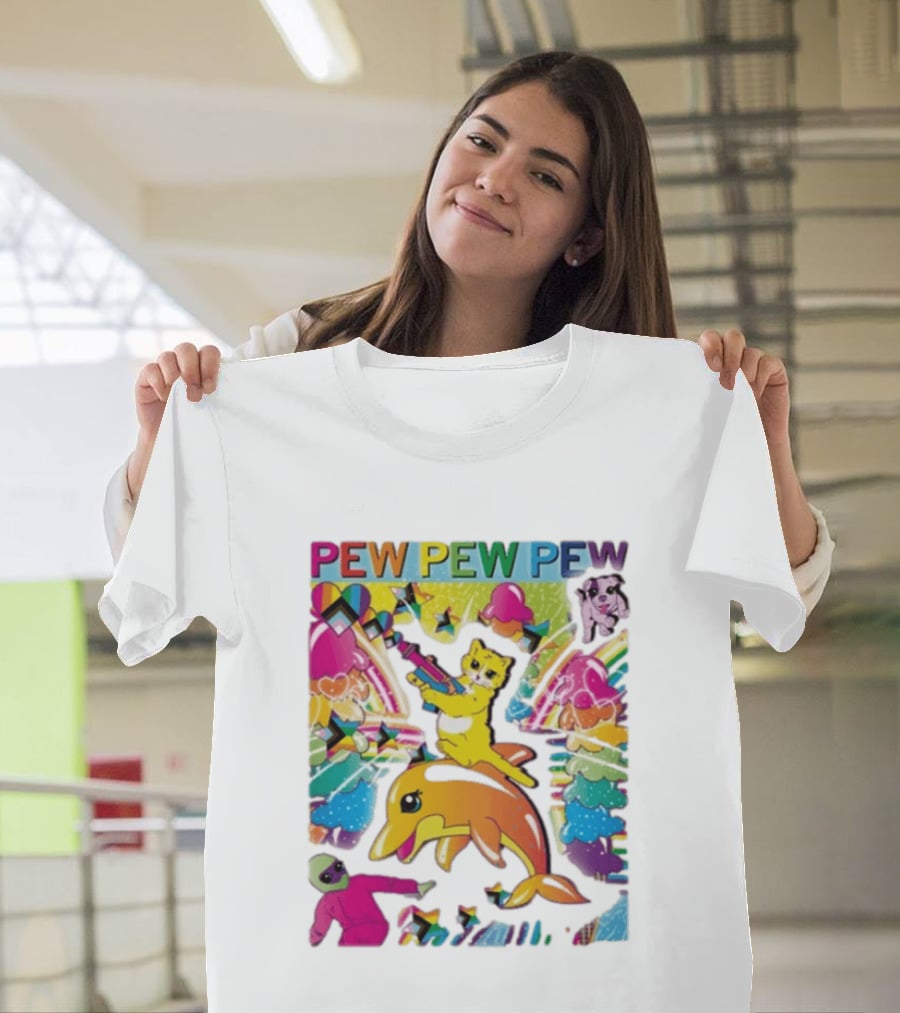 Pew Pew Pew Colorful Cat Dolphin Alien Rainbow T-Shirt