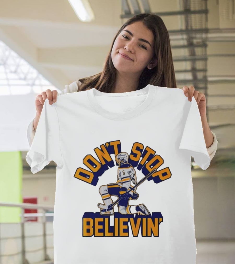 Don't Stop Believin' Hockey Player Number 6 Kneeling Pose T-Shirt