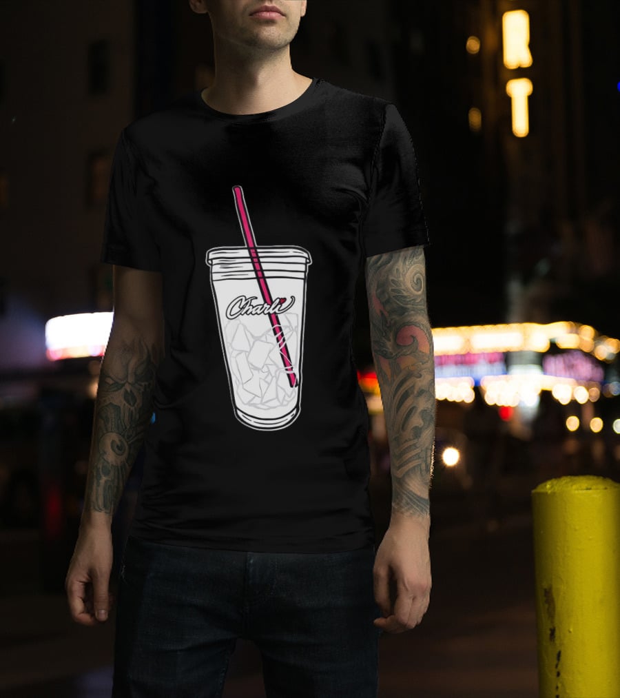 Charli Iced Coffee Cup Pink Straw Sketch T-Shirt