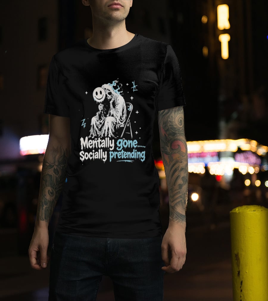 Mentally Gone Socially Pretending Goth Skull On Chair T-Shirt