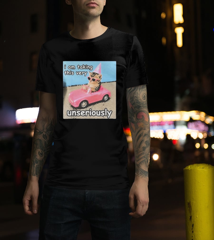 I Am Taking This Very Unseriously Silly Cat Meme Pink Car Party Hat Sunglasses T-Shirt
