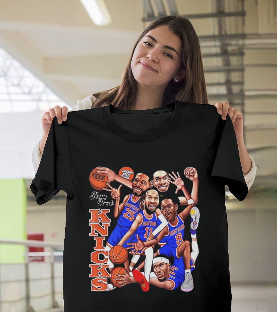 New York Knicks Starting Five 2026 Caricature Dunk Basketball Hoops T-Shirt