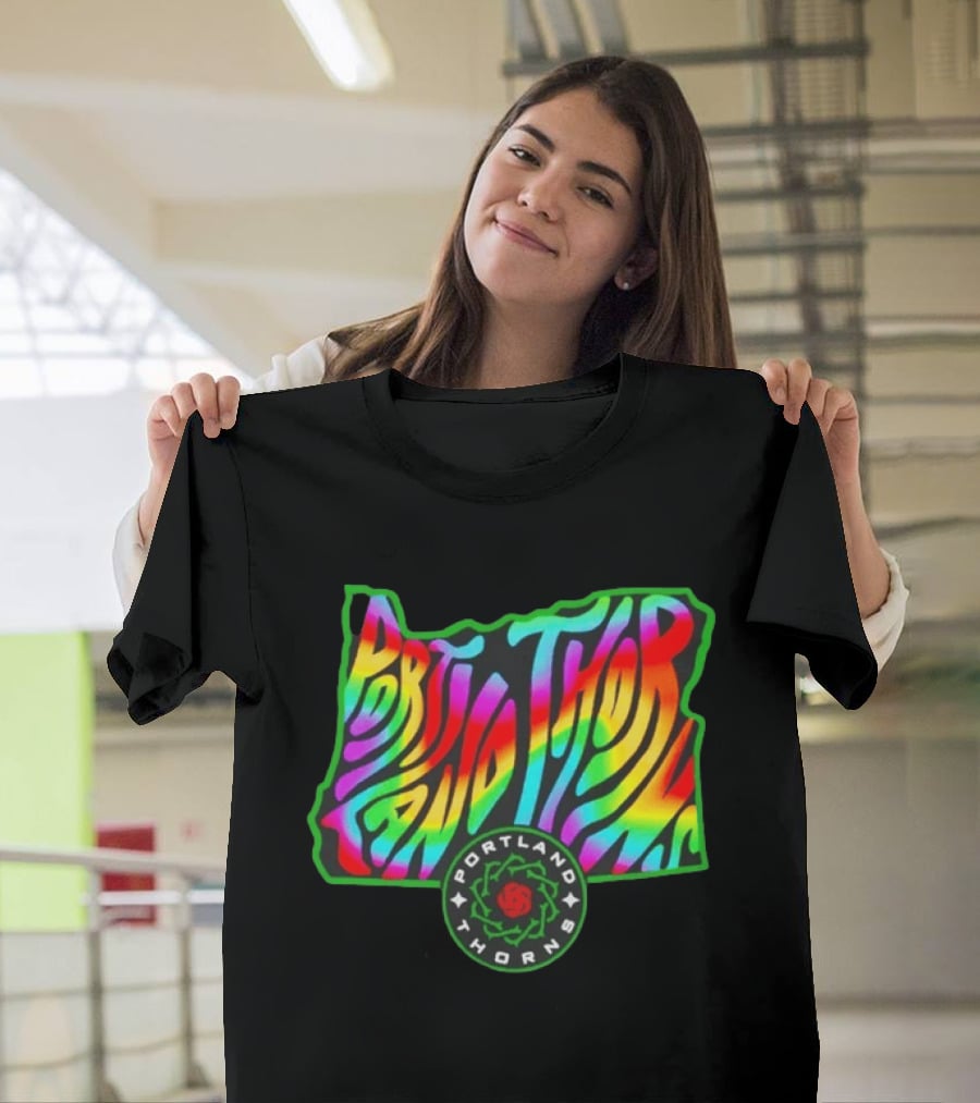 Portland Thorns Groovy Pride State Oregon Map Rainbow T-Shirt