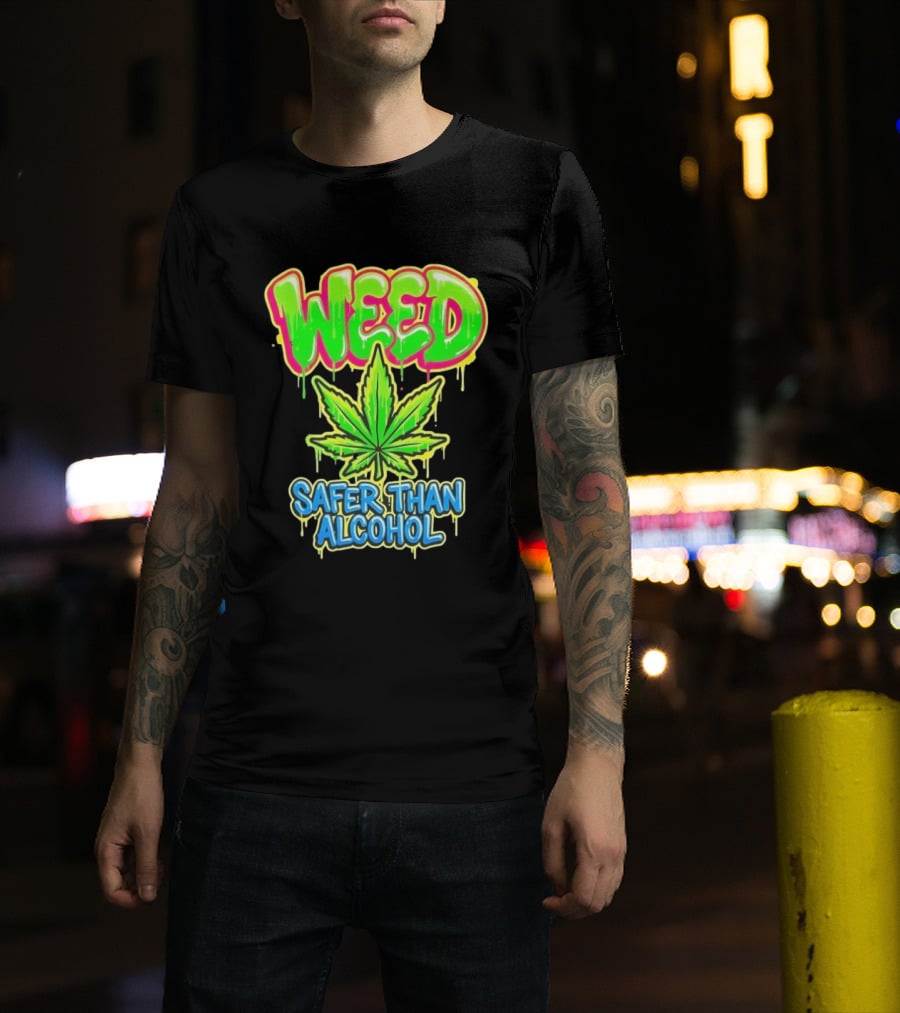 Weed Safer Than Alcohol Leaf Bright Graffiti T-Shirt