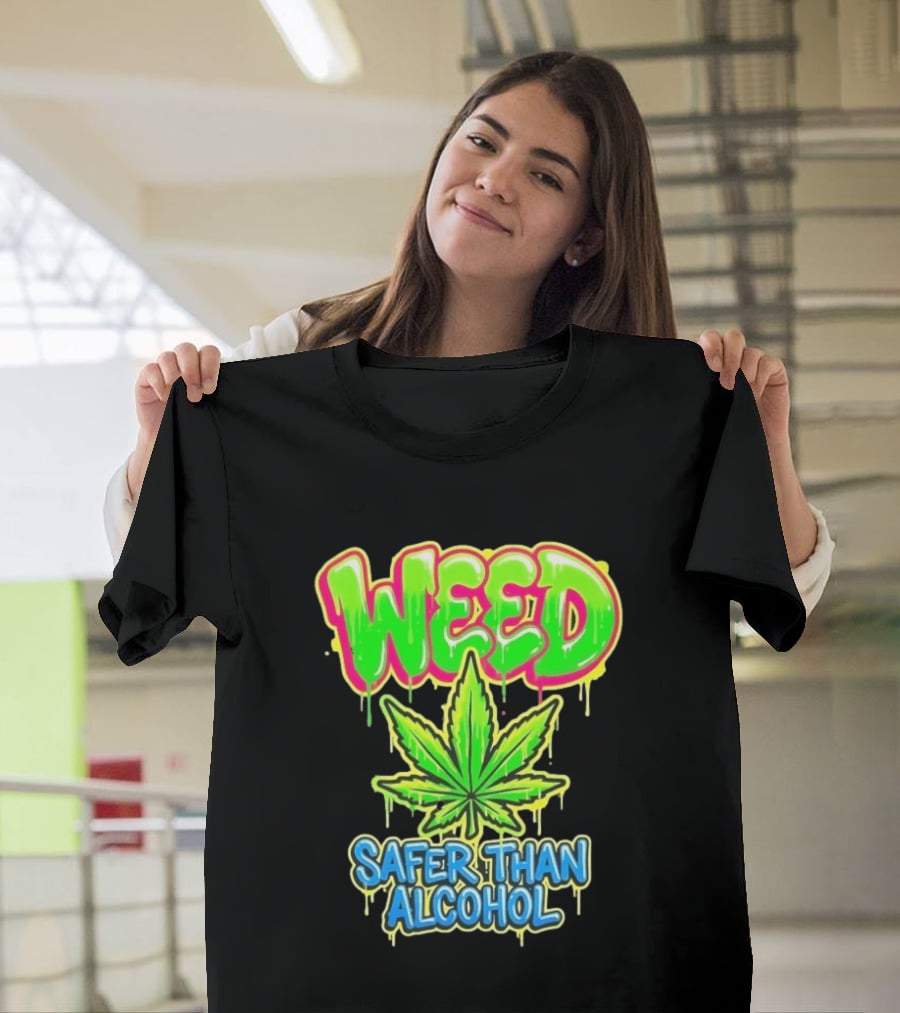 Weed Safer Than Alcohol Leaf Bright Graffiti T-Shirt