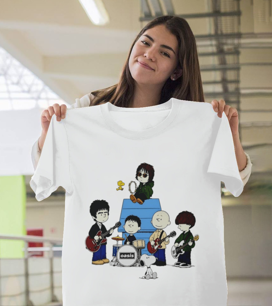 Snoopy Peanuts Oasis Band Cartoon Woodstock Drums Guitars T-Shirt