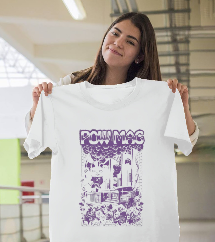 Powell Mag Cat Skateboarding Graphic With Floral Accents T-Shirt