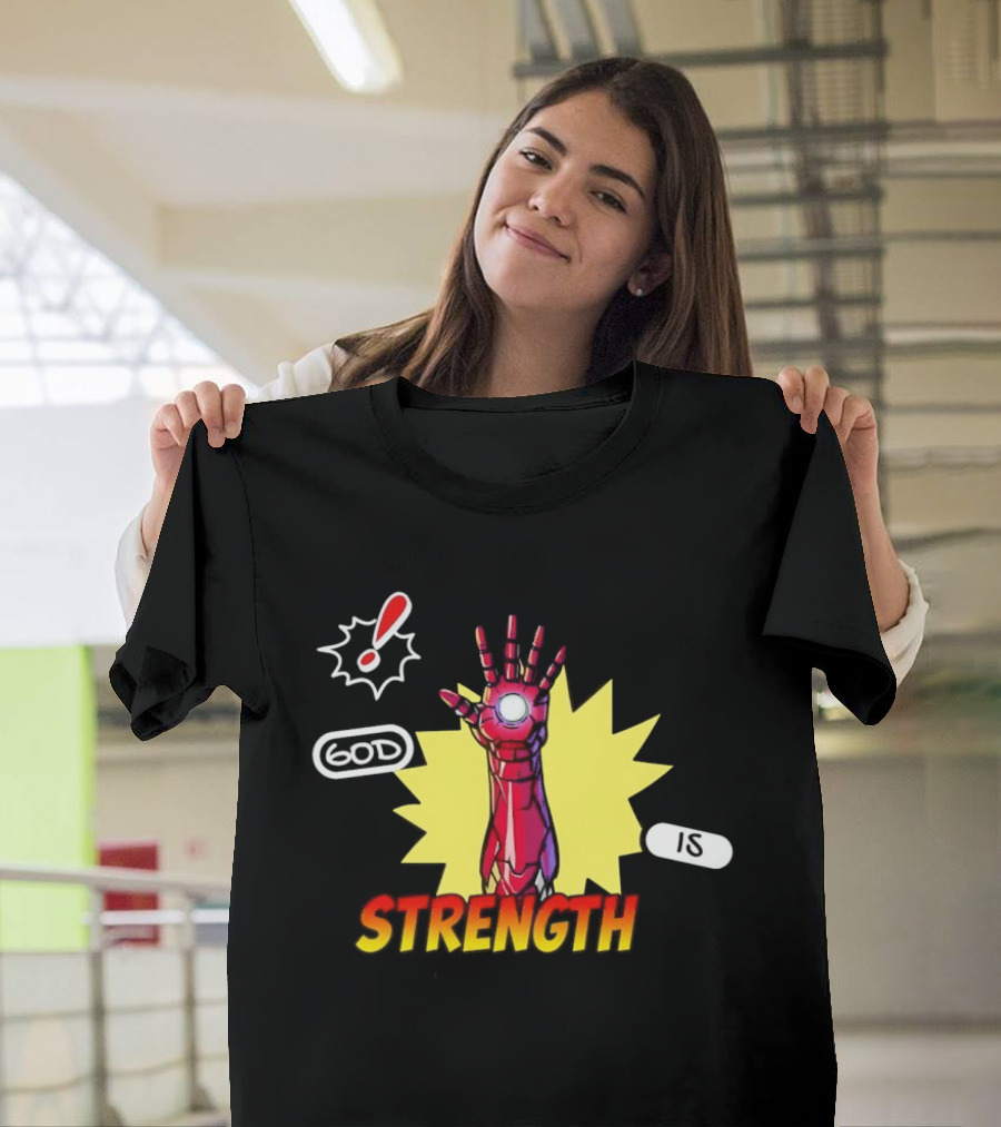 Iron Man God Is Strength Exclamation Comic Style Burst T-Shirt
