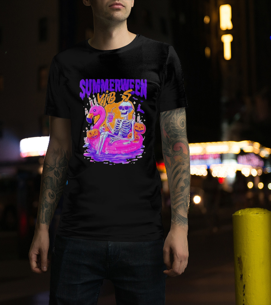 Summerween Vibes Skeleton On Flamingo With Pumpkins T-Shirt