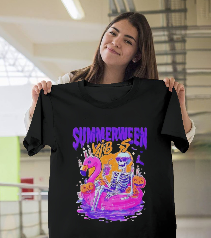 Summerween Vibes Skeleton On Flamingo With Pumpkins T-Shirt