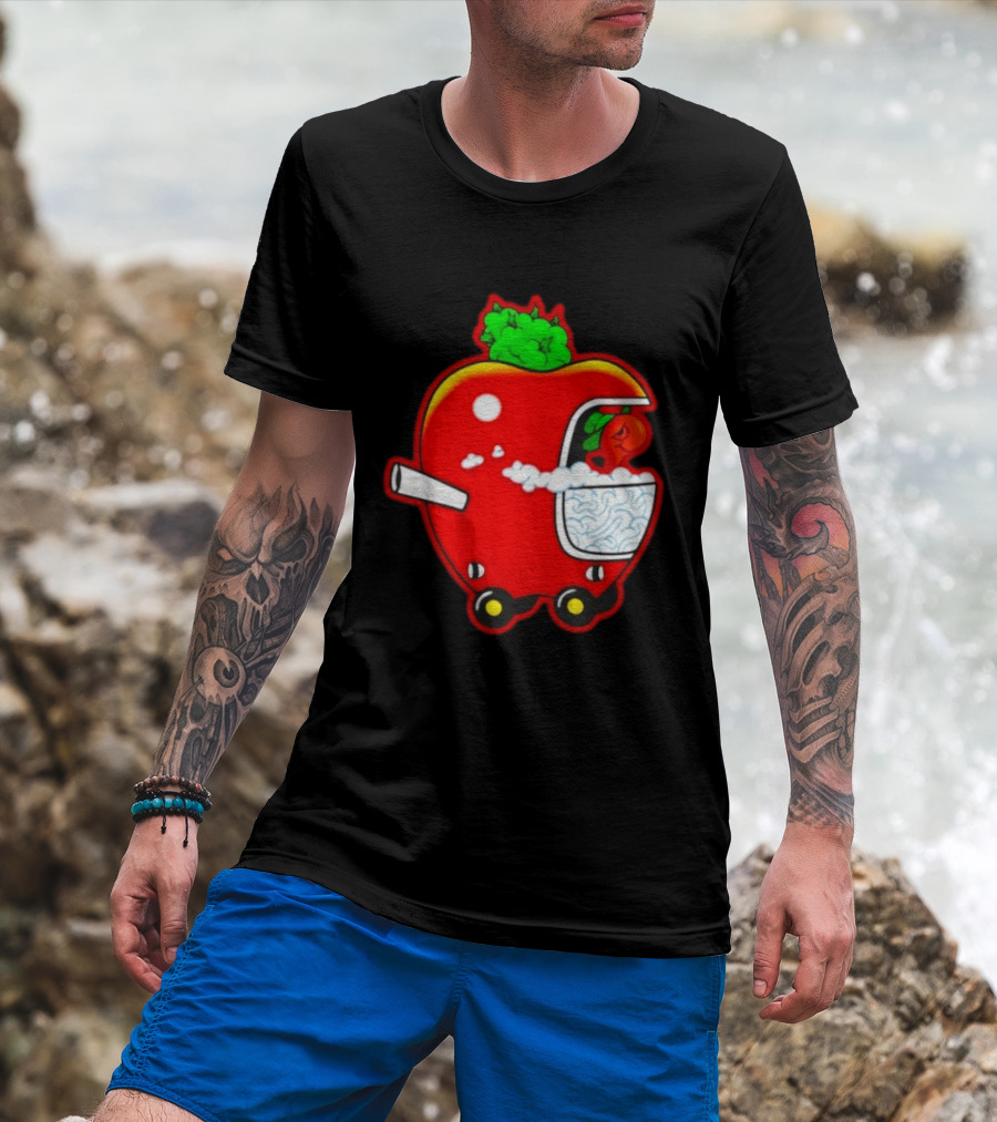 Smokey Worm Apple Cartoon Red Apple With Smoke And Wheels T-Shirt