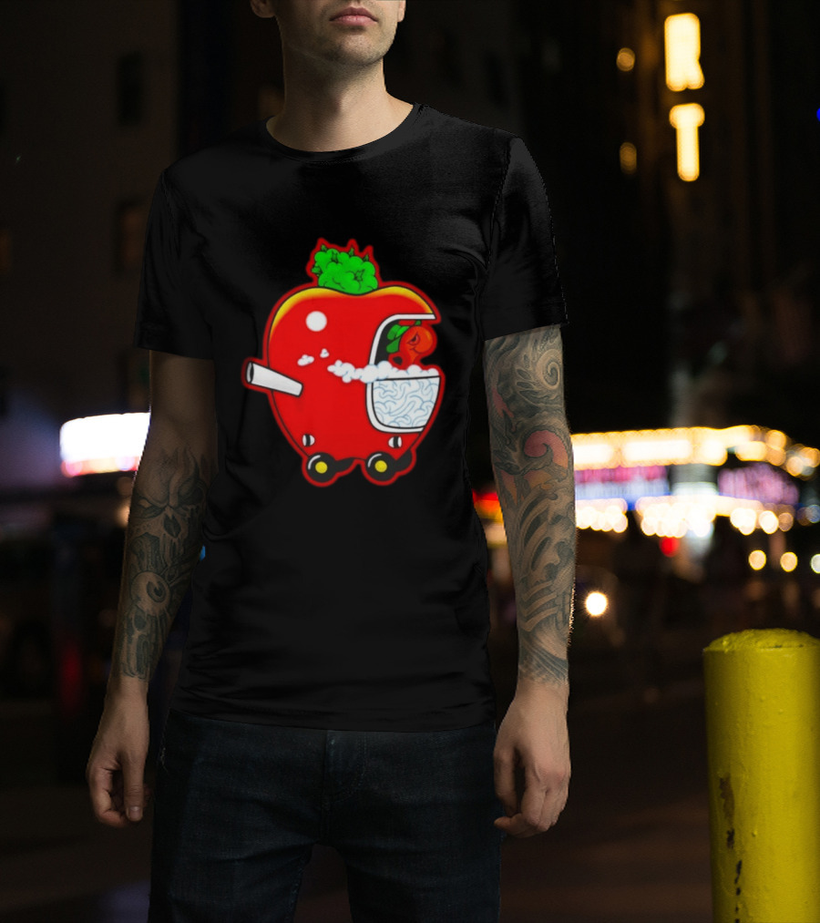 Smokey Worm Apple Cartoon Red Apple With Smoke And Wheels T-Shirt