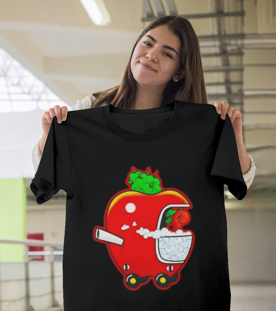 Smokey Worm Apple Cartoon Red Apple With Smoke And Wheels T-Shirt