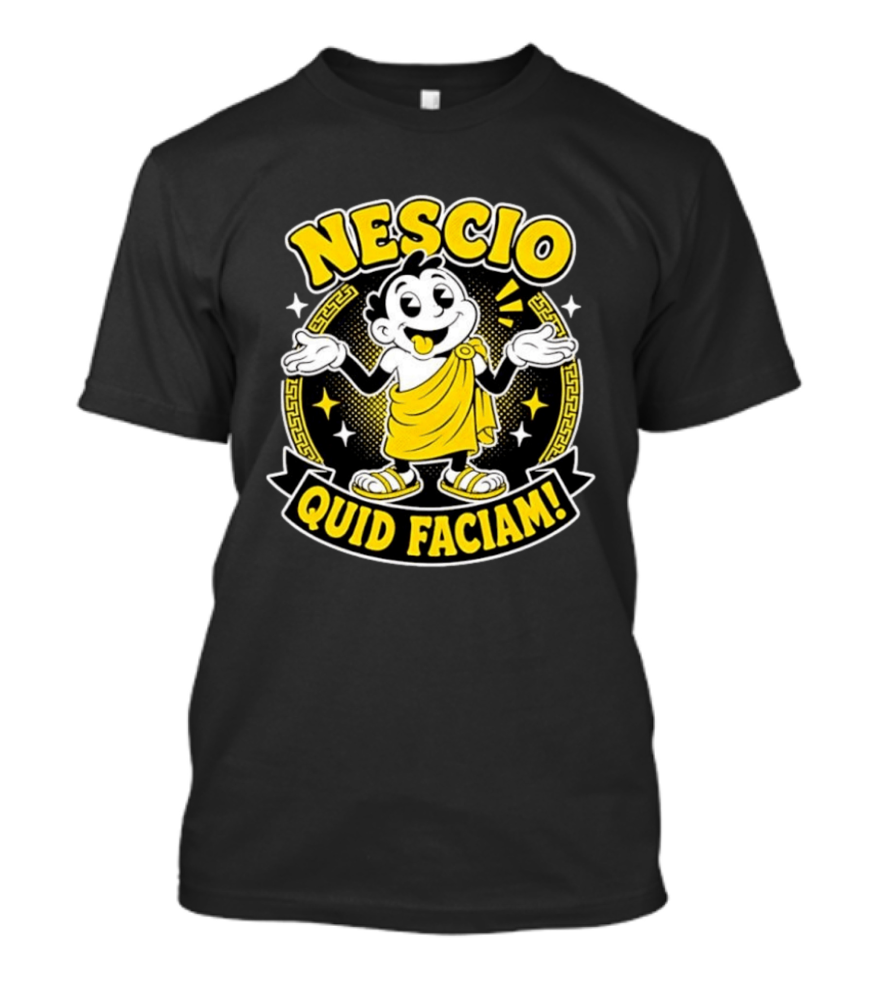 Nescio Quid Faciam Cartoon Ancient Roman Character Greek Key Border T-Shirt