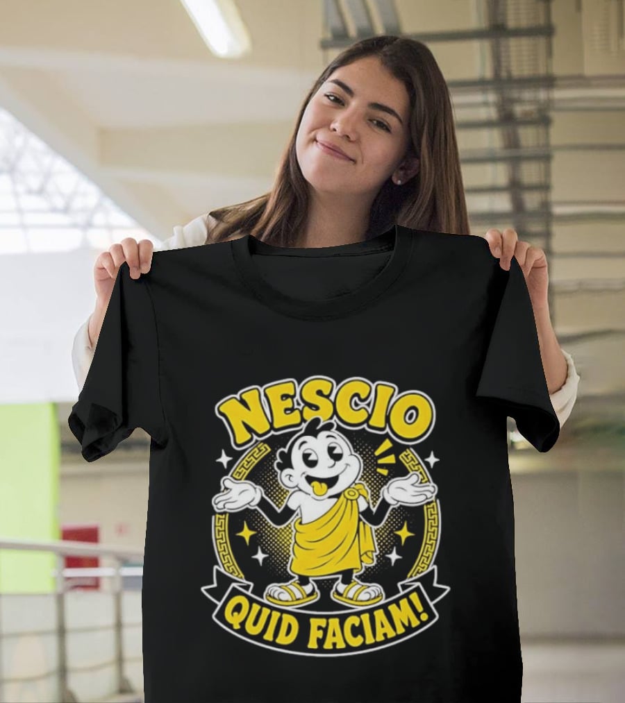 Nescio Quid Faciam Cartoon Ancient Roman Character Greek Key Border T-Shirt