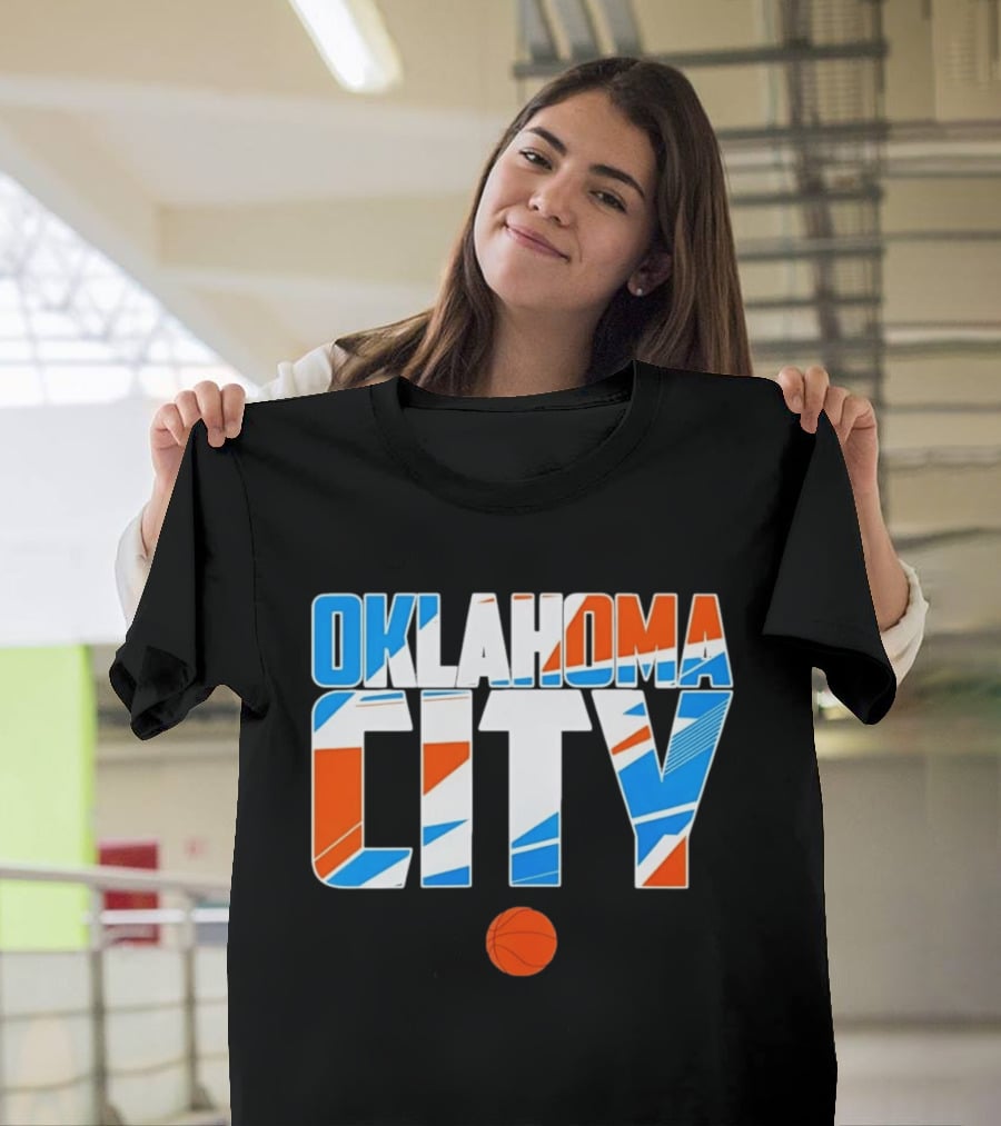 Oklahoma City Basketball Pride Colorful Lettering With Orange Basketball T-Shirt