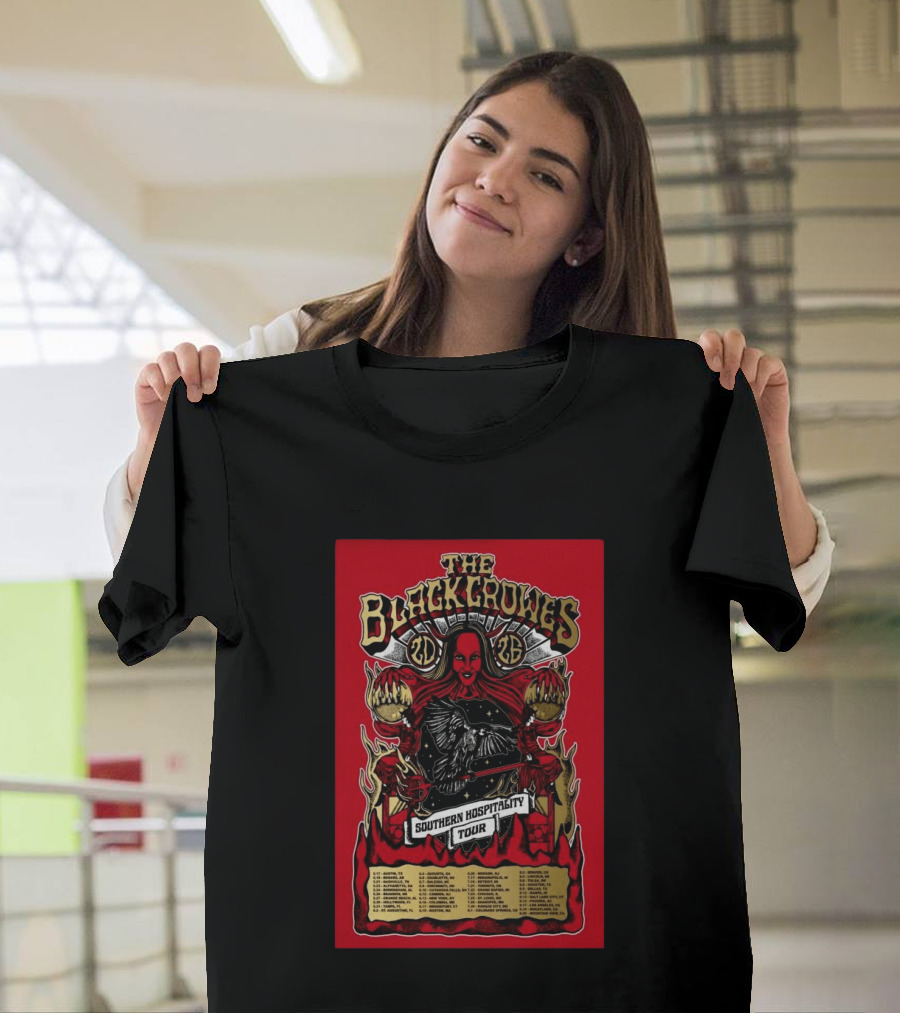 The Black Crowes Southern Hospitality Tour 2026 Red Background Gothic Crow Imagery Vintage Band Tour Dates T-Shirt