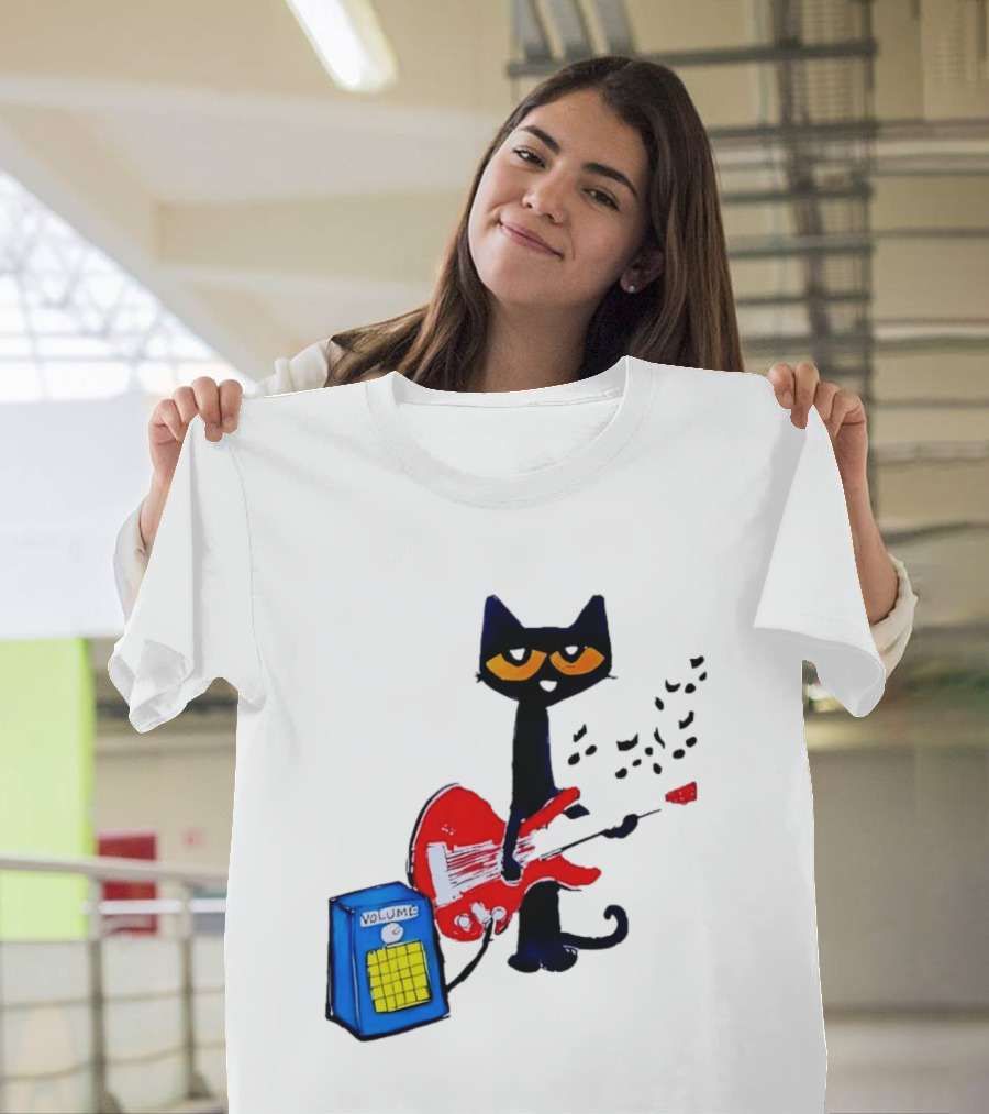 Pete The Cat Playing Red Guitar With Volume Amplifier Music Notes T-Shirt