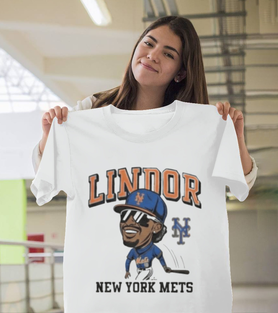 Lindor New York Mets 26 Caricature Baseball Player With Cap T-Shirt