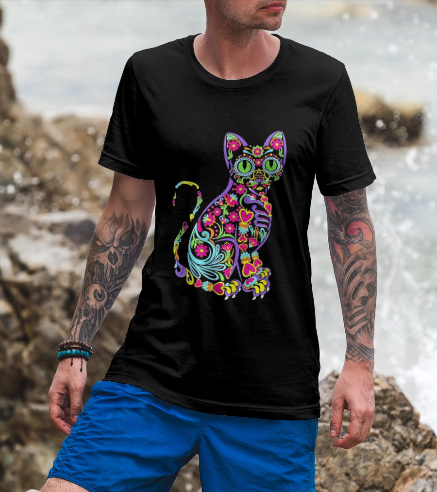 Sugar Skull Cat With Vibrant Floral T-Shirt