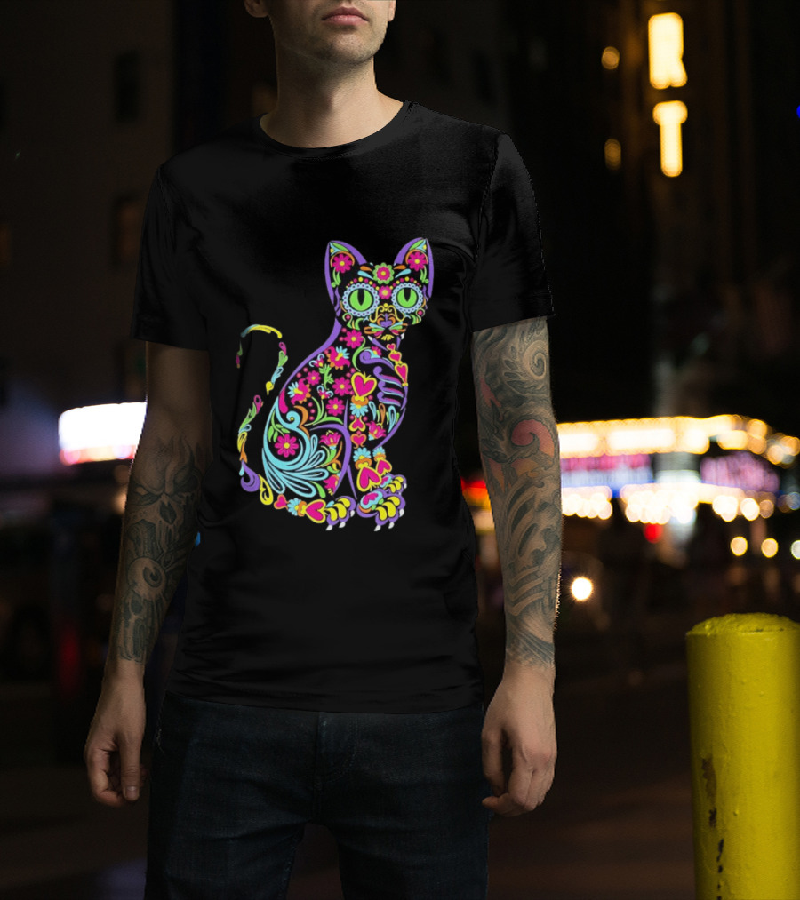Sugar Skull Cat With Vibrant Floral T-Shirt