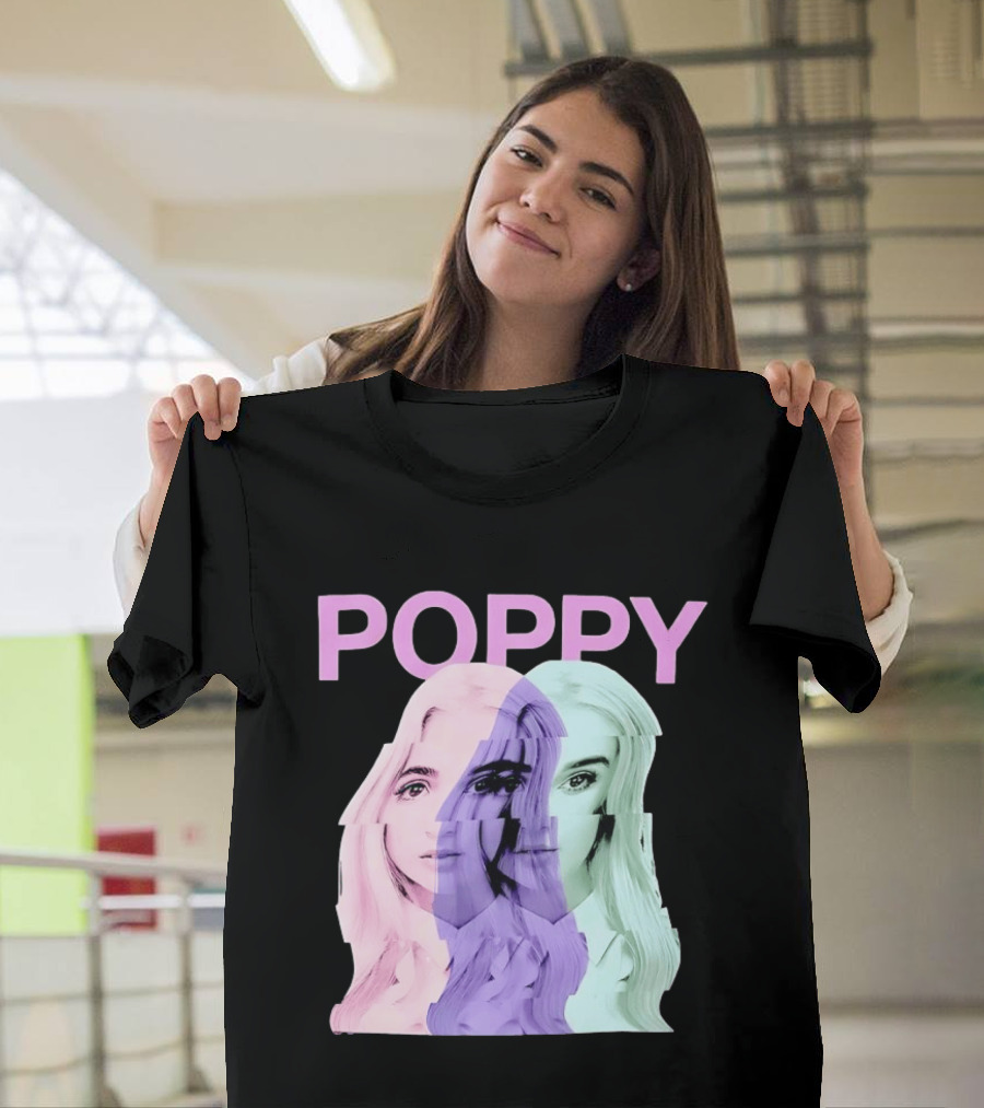 Poppy Digital Muse Glitch Faces Tricolor T-Shirt