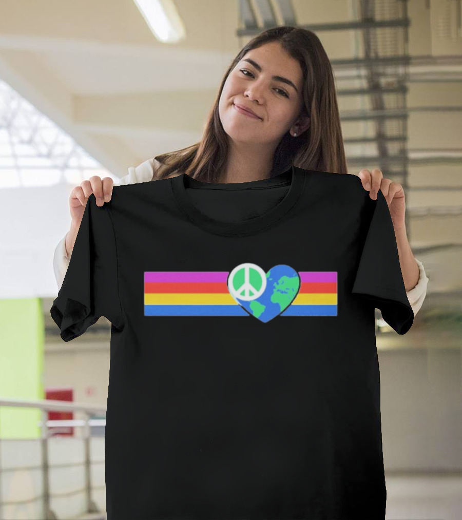 Rainbow Peace Symbol With Earth Heart Shape In Multicolor T-Shirt