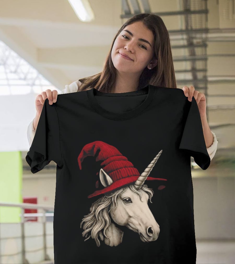 Unicorn With Red Wizard Witch Hat Beanie T-Shirt