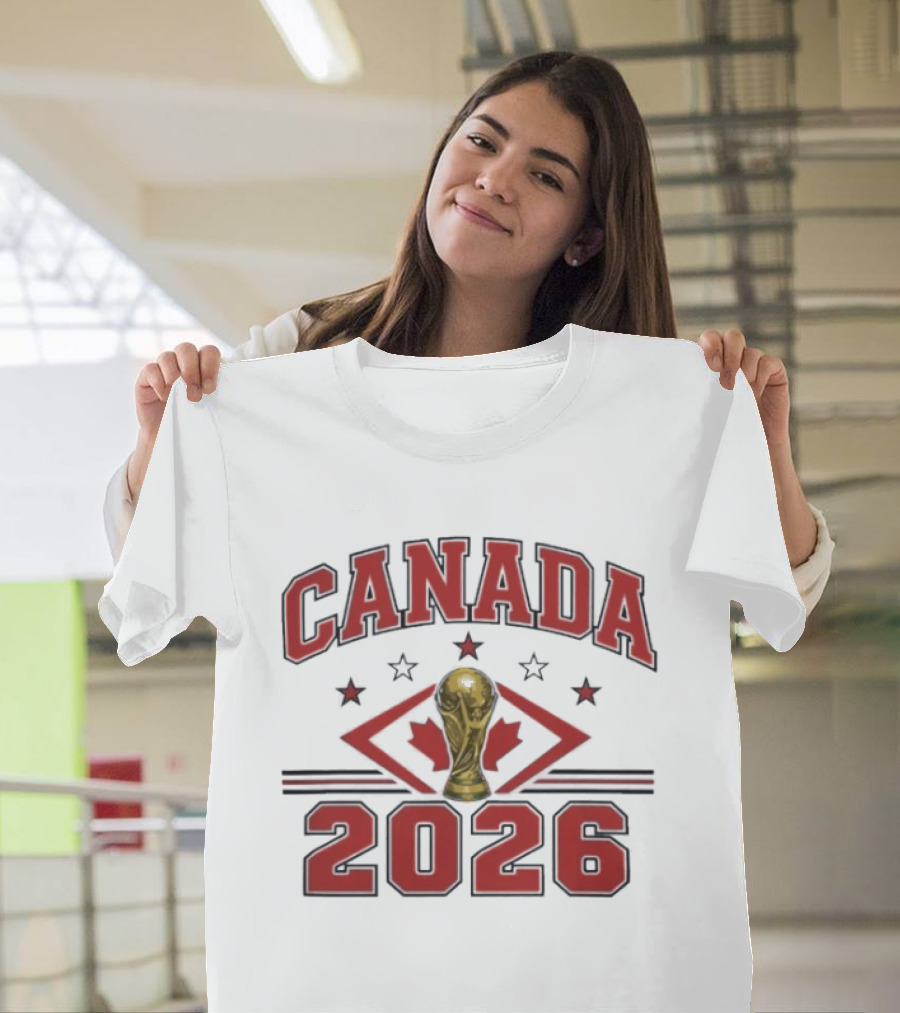 Canada 2026 Football World Cup Trophy And Maple Leaf T-Shirt