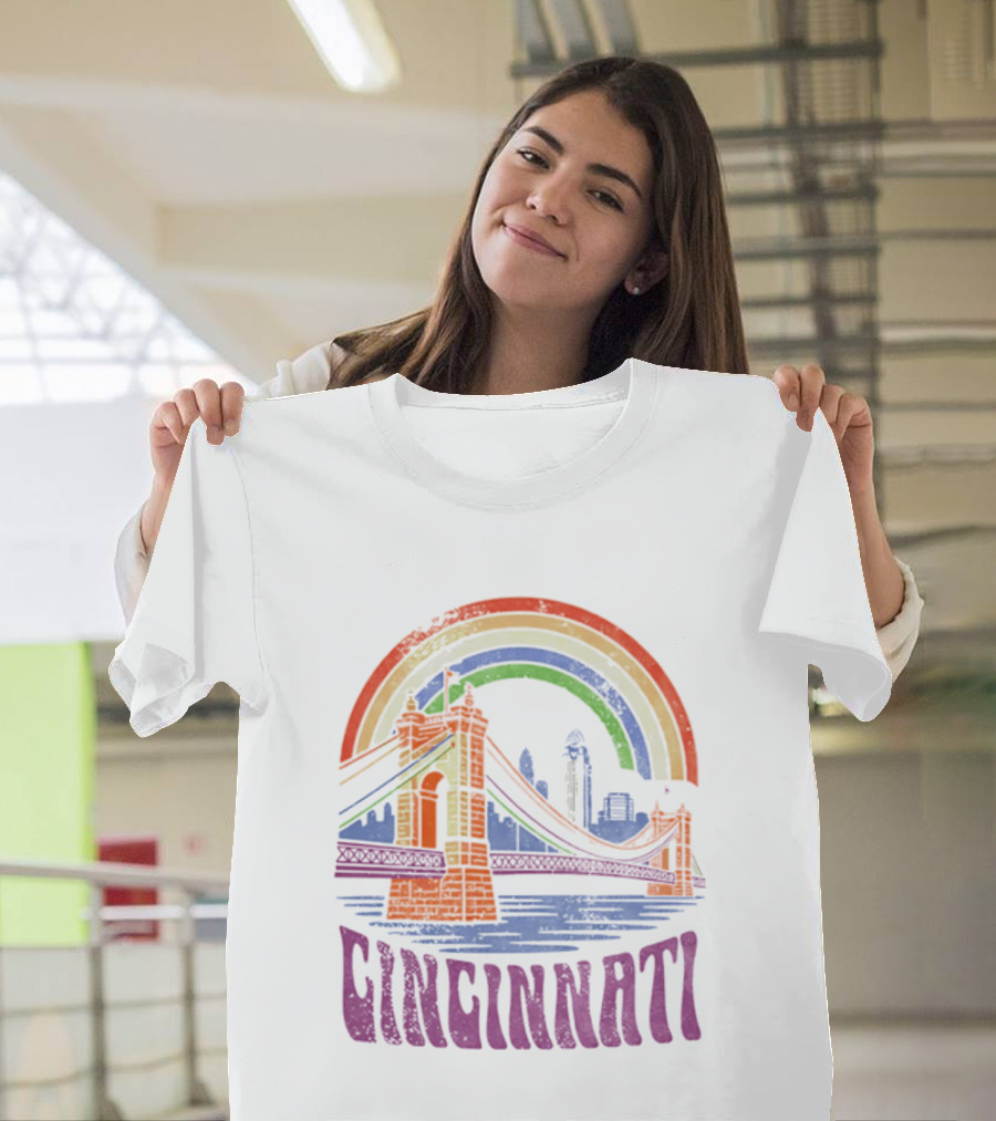 Cincinnati Roebling Bridge Rainbow Skyline Proud Of Our City T-Shirt
