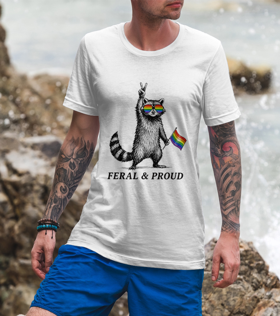 Feral And Proud Raccoon Peace Sign Rainbow Sunglasses Flag T-Shirt