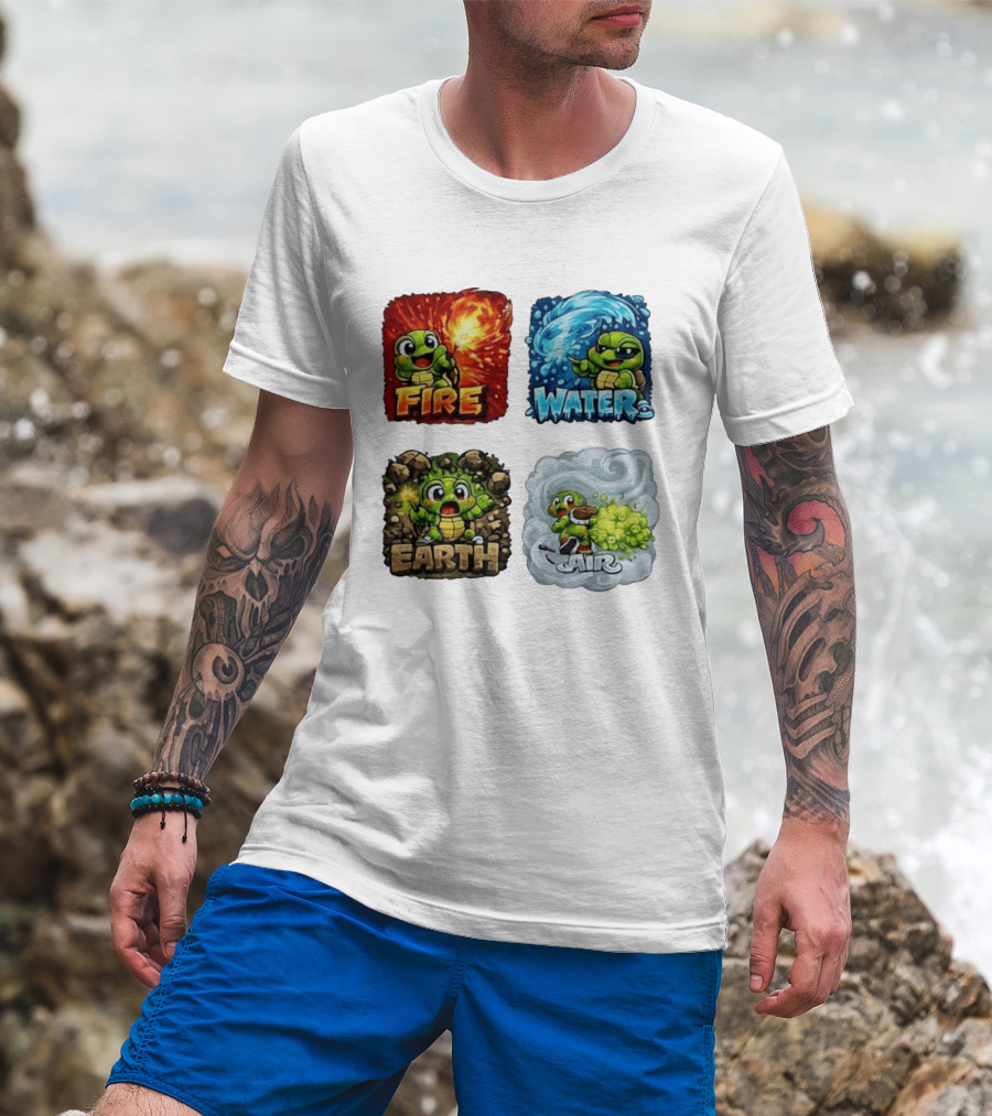 Fire Water Earth Air Turtle Cartoon Baby Elements Quadrant T-Shirt