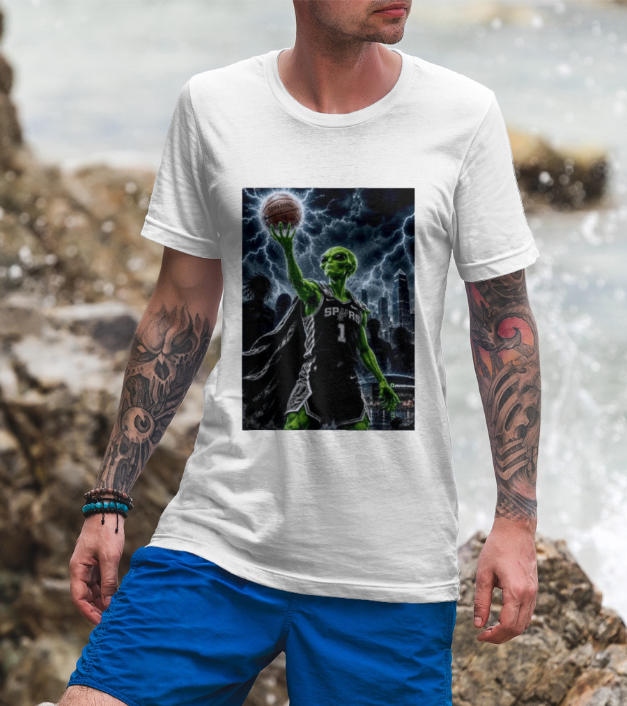 NBA Spurs Alien Spalding Basketball Hovering In Stormy City Skyline T-Shirt