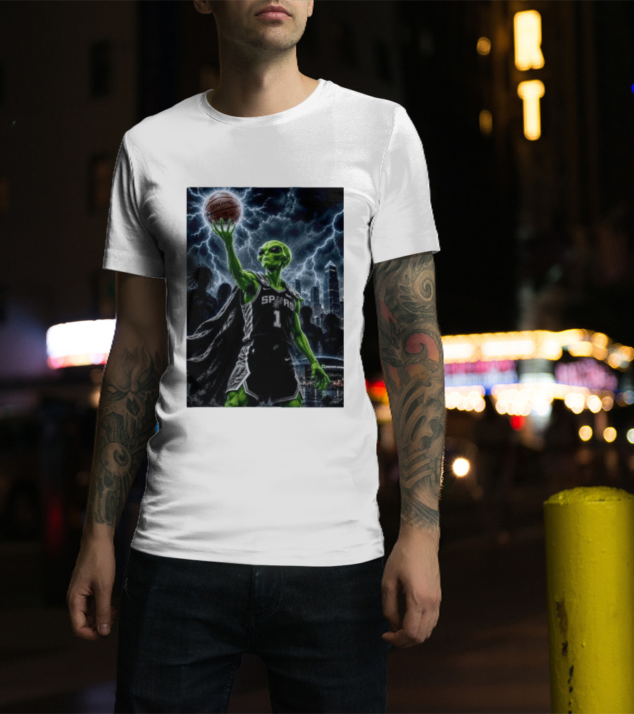 NBA Spurs Alien Spalding Basketball Hovering In Stormy City Skyline T-Shirt