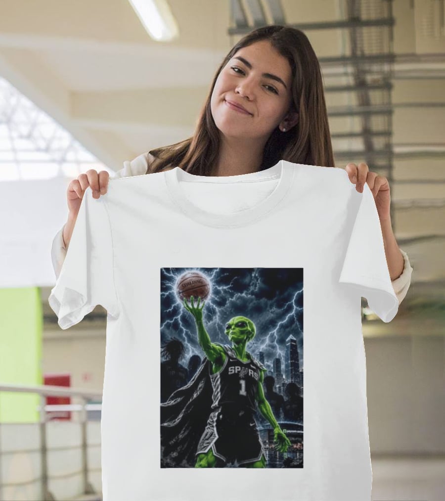 NBA Spurs Alien Spalding Basketball Hovering In Stormy City Skyline T-Shirt