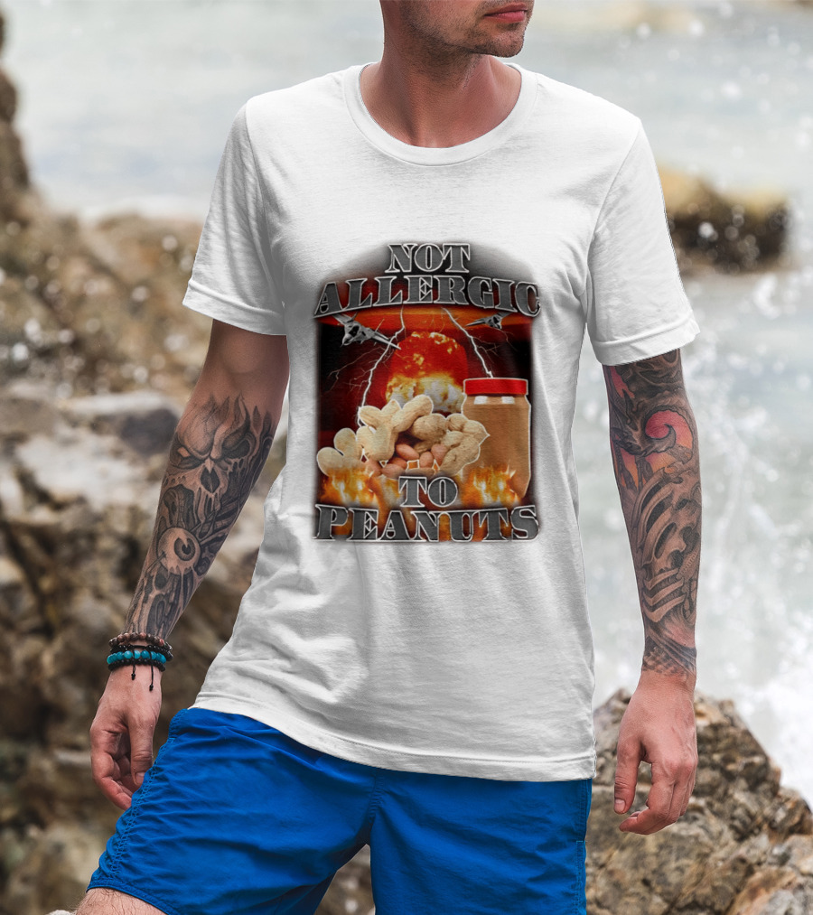 Not Allergic To Peanuts Jar With Explosive Background And Fighter Jets T-Shirt