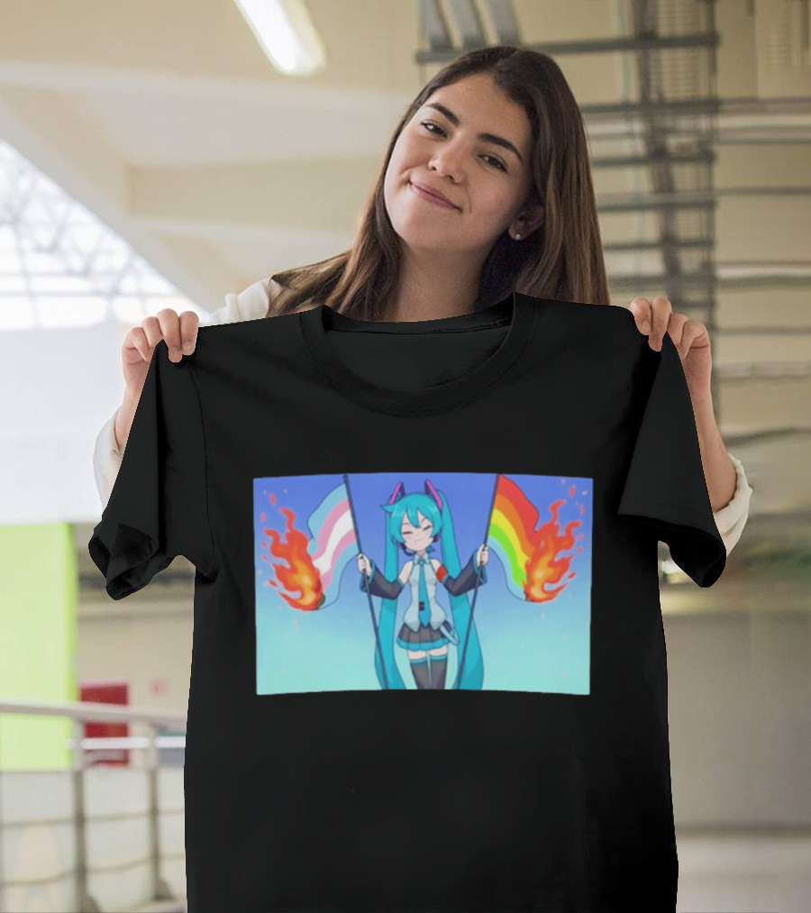 Anime Vocaloid Miku Holding Burning Transgender And Rainbow Flags Controversial Pride Month 2026 T-Shirt