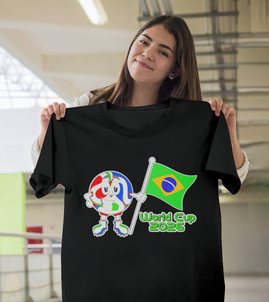 World Cup 2026 Cartoon Character With Brazil Flag Soccer Ball T-Shirt