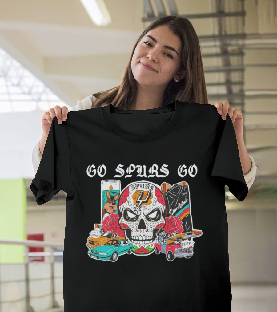 Go Spurs Go SAS Wemby Spurs The Alien Sugar Skull San Antonio Cars Roses T-Shirt
