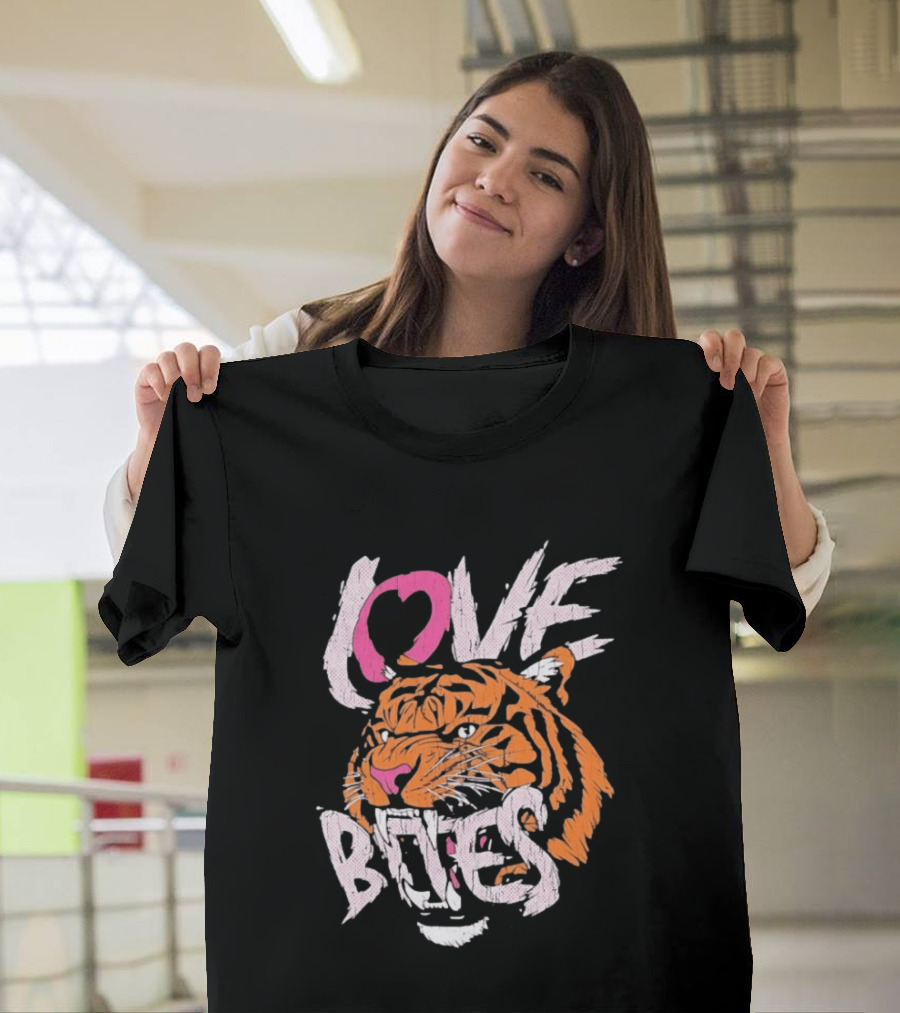 Love Bites Roaring Tiger Face Bold Pink And Orange T-Shirt